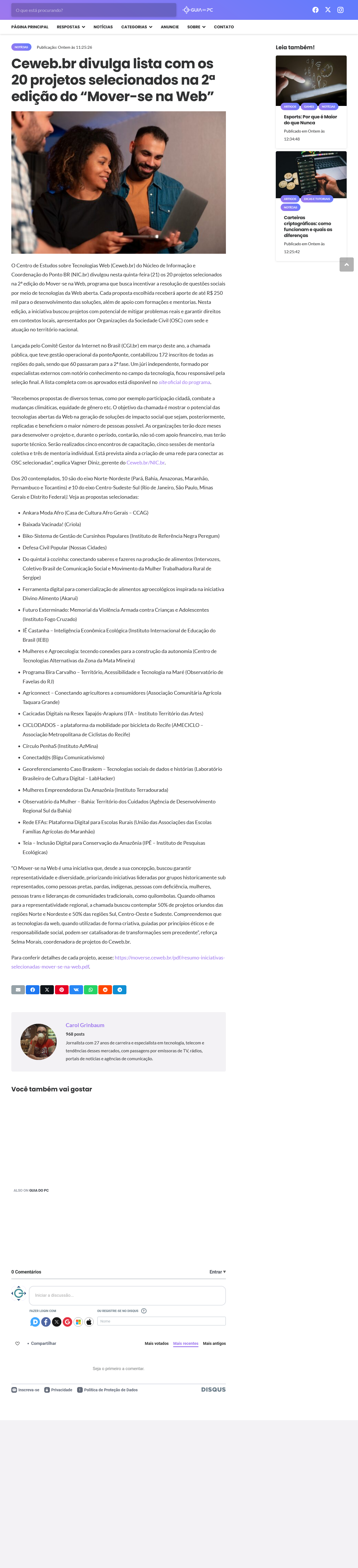 Ceweb.br divulga lista com os 20 projetos selecionados na 2ª edição do “Mover-se na Web”